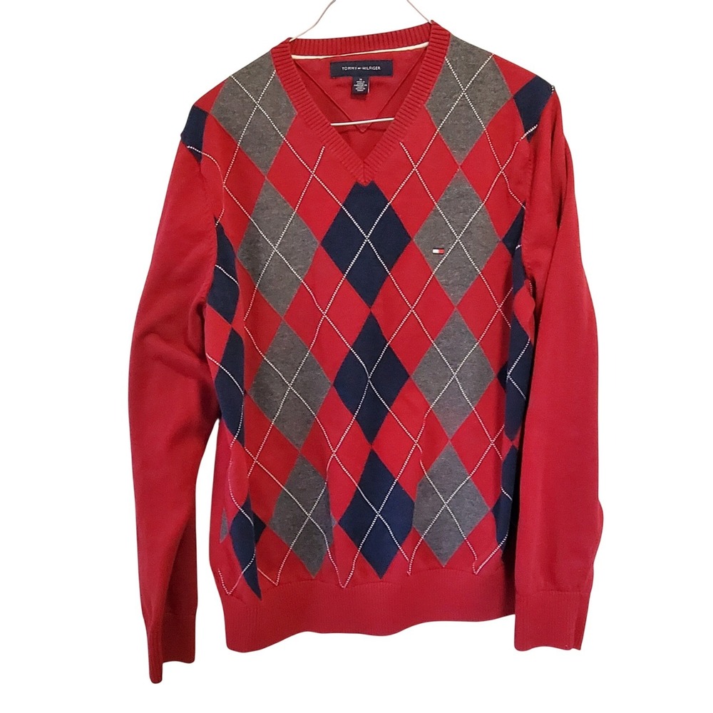 Tommy Hilfiger Mens Red Argyle V-Neck Cotton Knit Sweater C880335325 Medium